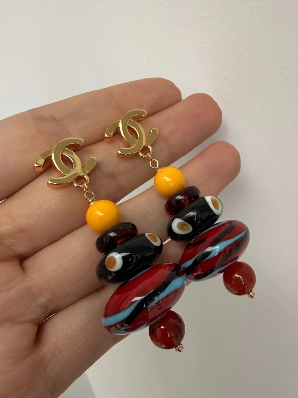 ❤️CHANEL Gold-Logo Drop Earrings with Red, Black, Yellow & Blue Beads✨